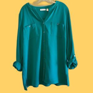 Susan Graver Stretchy Green V Neck Blouse Roll Tab Sleeve 14 St Patricks Day